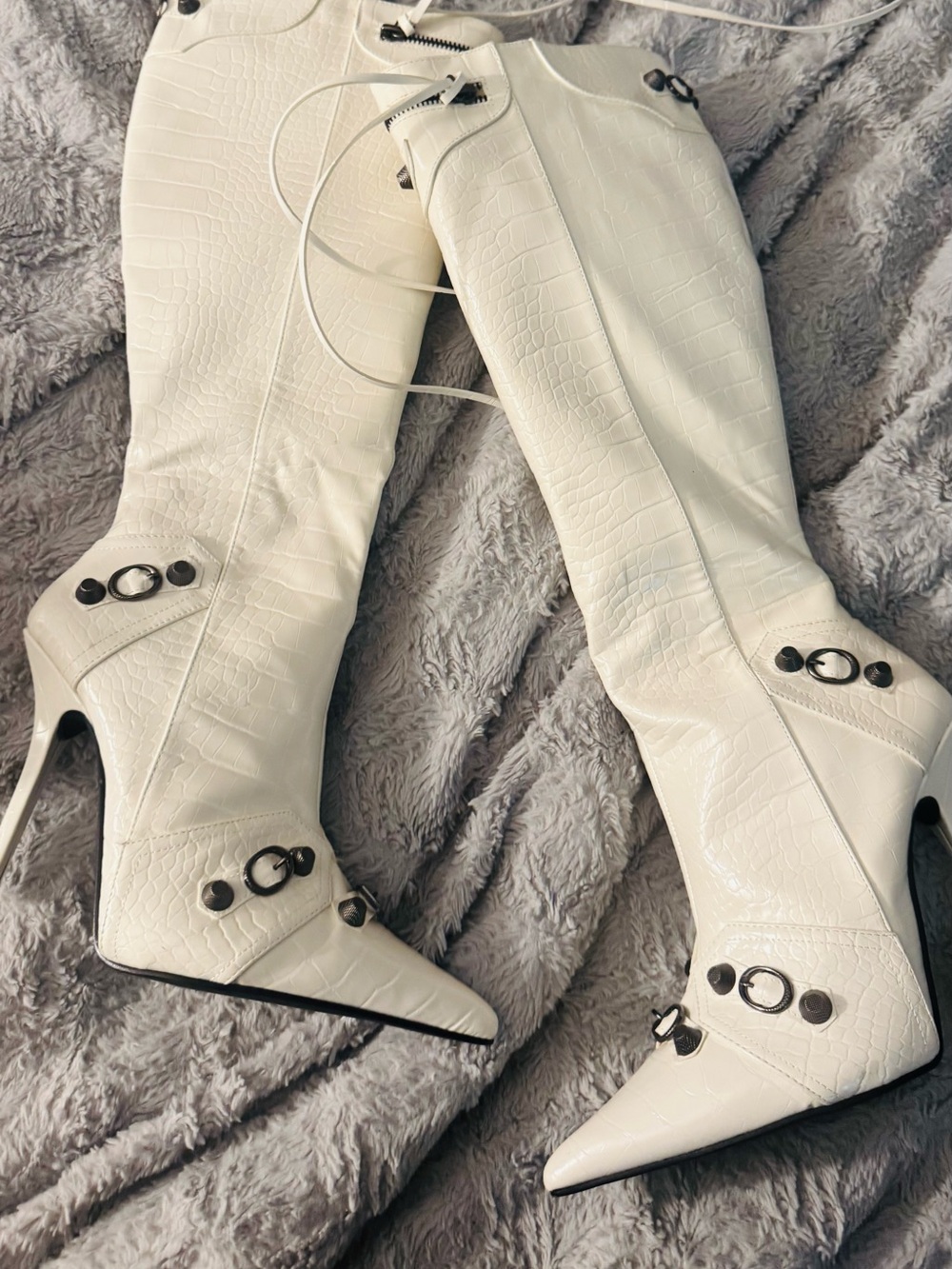 White Croc-Embossed Knee-High Stiletto Boots